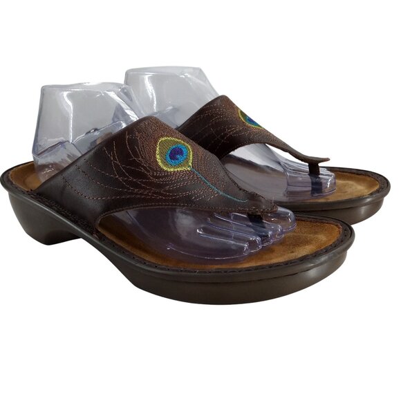 Naot Bali Peacock Brown Leather Thong Comfort Sandals Size 42 US 11-11.5 Wedge - Picture 1 of 14